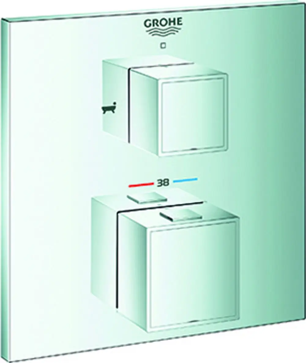 GROHE Kontrollfeld für eine Wannenbatterie mit zwei quadratischen Bedienelementen, einer für die Temperaturanzeige und einer für die Funktion, auf glattem Hintergrund.