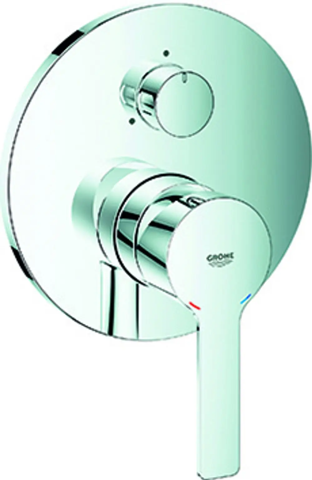 Chromene Grohe-Wannenbatterie mit einem großen runden Bedienteil und zwei Drehknöpfen zur Steuerung der Temperatur und des Wasserflusses.
