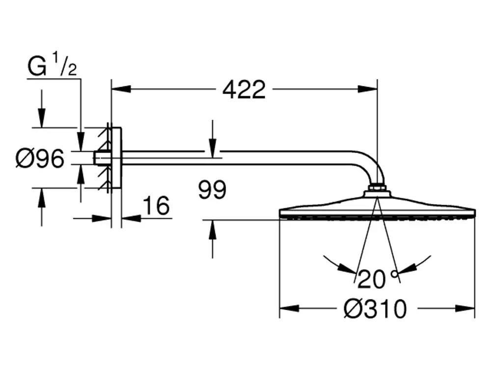 Grohe Kopfbrause mit einem Durchmesser von 310 mm und einem Brausearm von 422 mm, dargestellt in einer technischen Zeichnung mit Maßangaben.