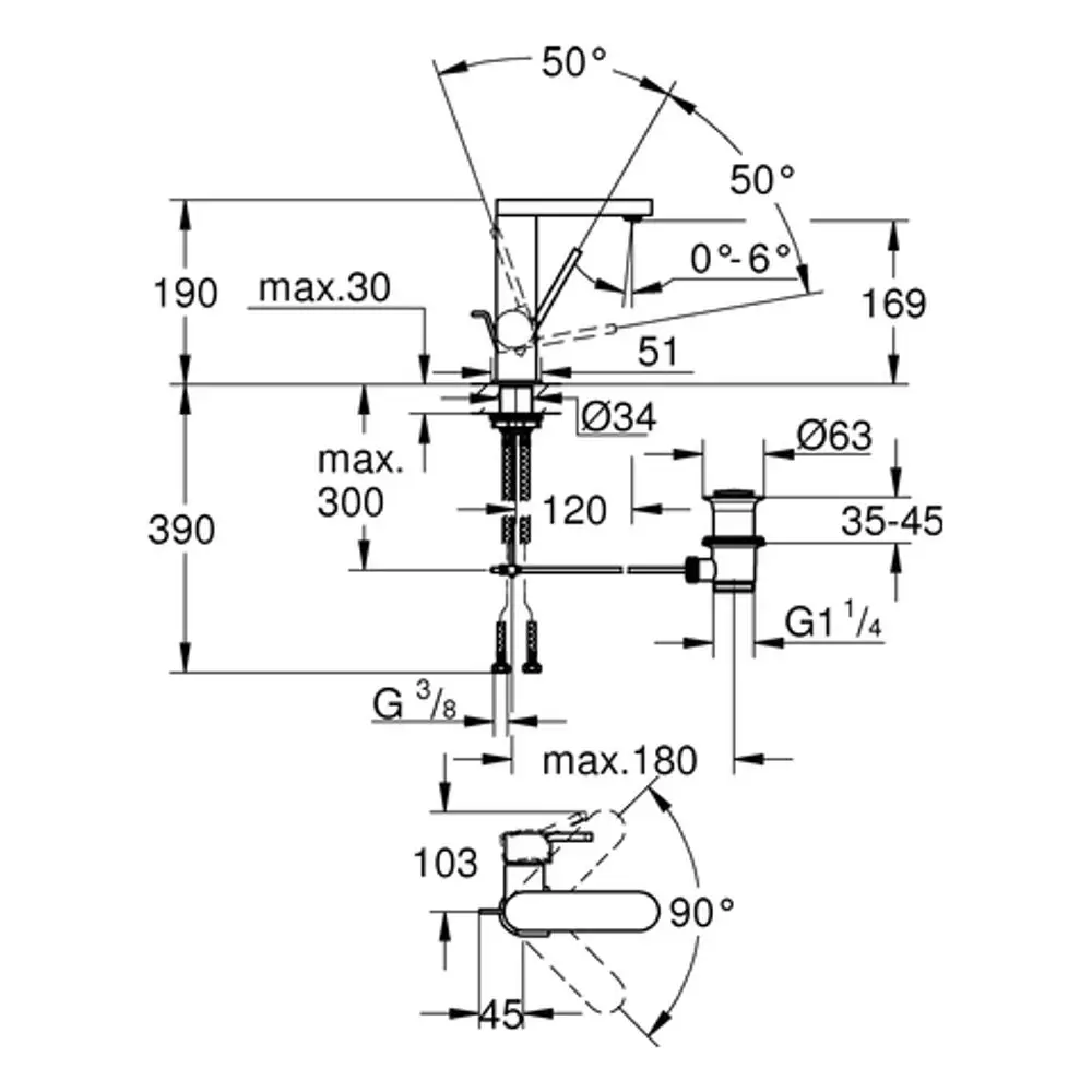 GROHE Wasserhahn mit schwenkbarem Auslauf, technische Zeichnung mit Maßangaben und Montageoptionen, Darstellung der verschiedenen Winkel und Elemente des Designs.