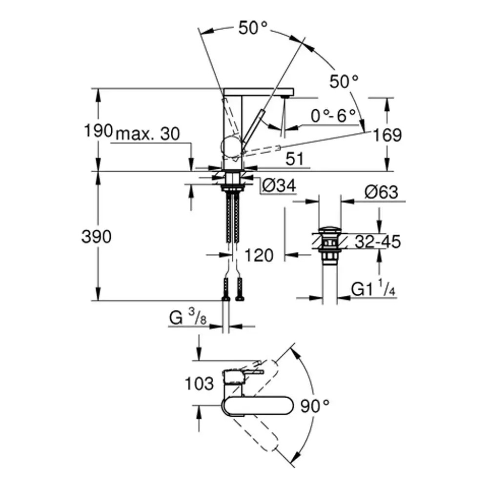 Schematische Darstellung einer Grohe-Waschtischarmatur mit Detailmaßen und Anschlussinformationen. Enthält Zeichnungen für Installation und Funktionsweise.