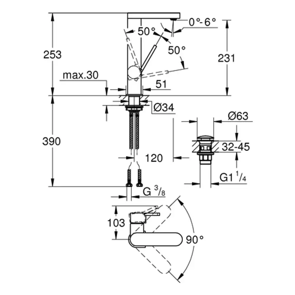 Diagramm einer Grohe-Waschtischarmatur mit verschiedenen Maßen, Anschlussdetails und Bewegungsbereichen für den Wasserhahn und Ablaufgarnitur.
