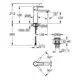 GROHE Einhand-Waschtischbatterie in grafitfarbigem Finish. Technische Zeichnung mit Maßen und Anschlussdetails.