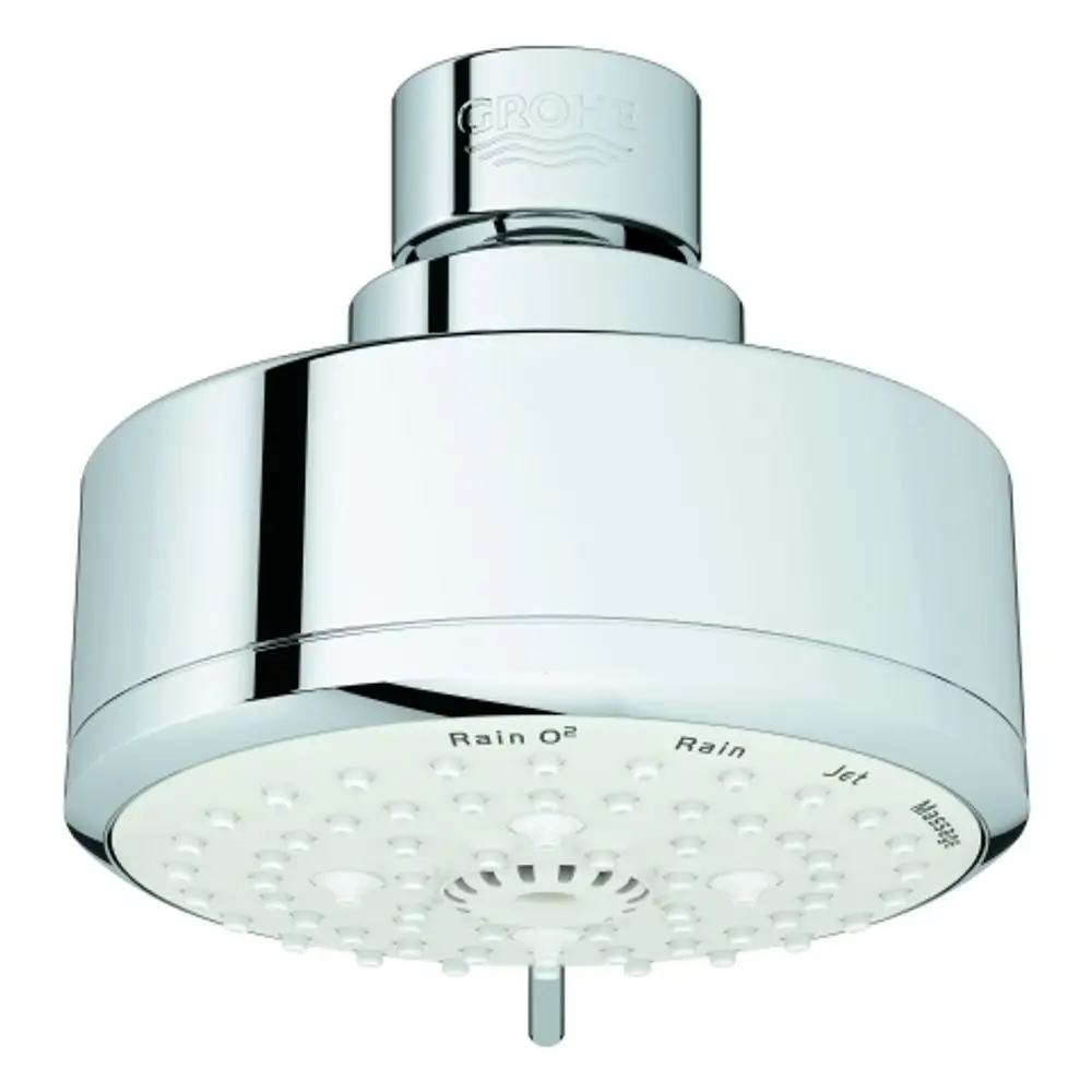 Kopfbrause mit glänzender Oberfläche, ausgestattet mit mehreren Strahlarten, darunter Rain und Jet. Das Produkt trägt das Logo von Grohe.