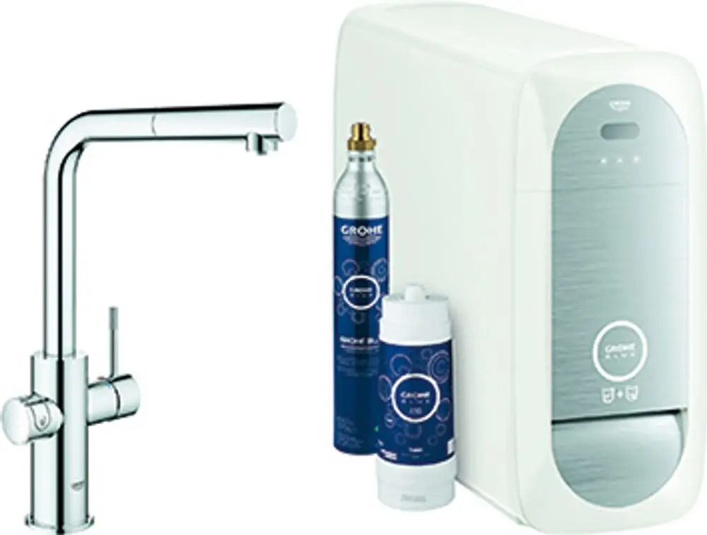 Grohe Wasseraufbereitungseinheit mit integriertem Kühlschrank und Wasserspender, dazu Armatur und Ersatzflaschen für die Filterung von Leitungswasser.