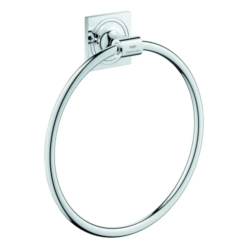 Runder Handtuchring aus verchromtem Material, befestigt an einer quadratischen Halterung. Produkt von Grohe, geeignet für Badezimmeranwendungen.