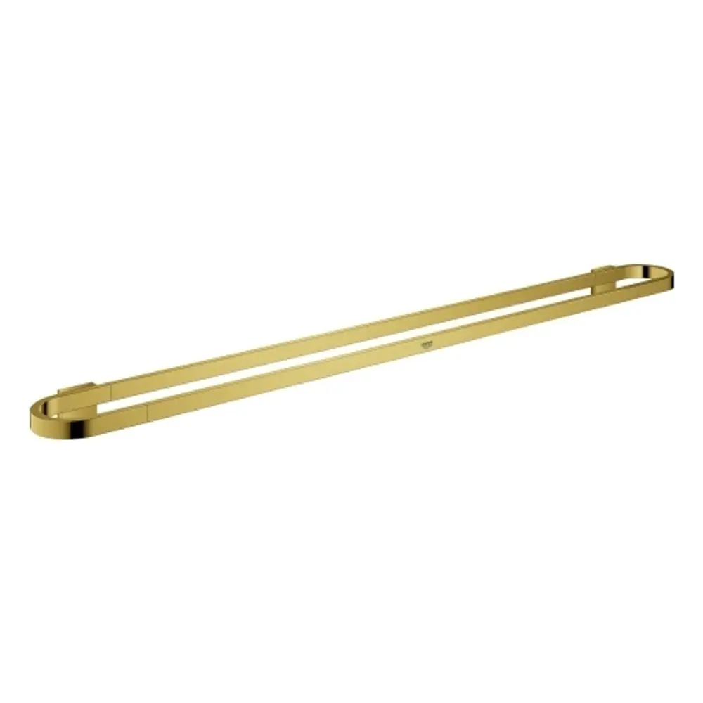 Goldfarbener Handtuchhalter von Grohe mit minimalistischer, gerader Form. Er besteht aus Metall und hat eine glatte Oberfläche, geeignet für Badezimmer.