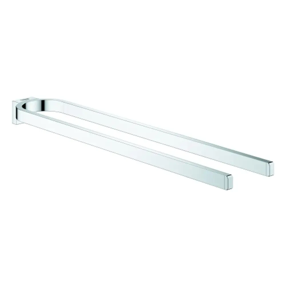 GROHE Handtuchhalter aus verchromtem Metall, zweigeteilte Halterung mit klaren Linien, an der Wand montiert, in einem hellen Raum.