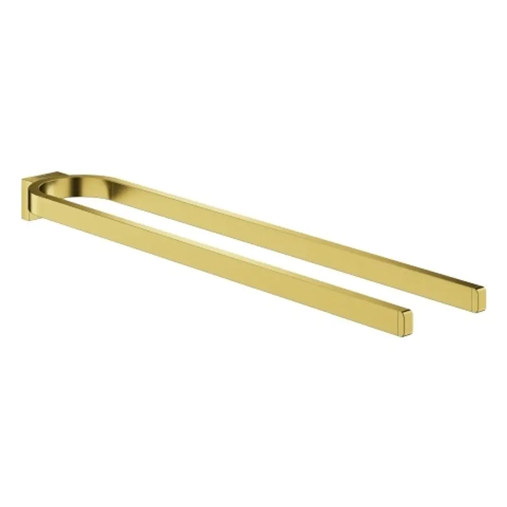 Handtuchhalter von Grohe, zweigeteilt, mit einer modernen, schlanken Form und einer gebürsteten Oberfläche in goldener Farbe.