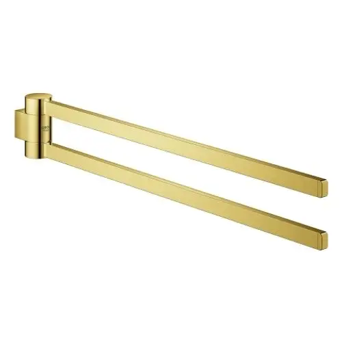 Goldfarbener Handtuchhalter von Grohe, zwei schwenkbare Arme mit einem minimalistischen Design, montiert an einer Wand.