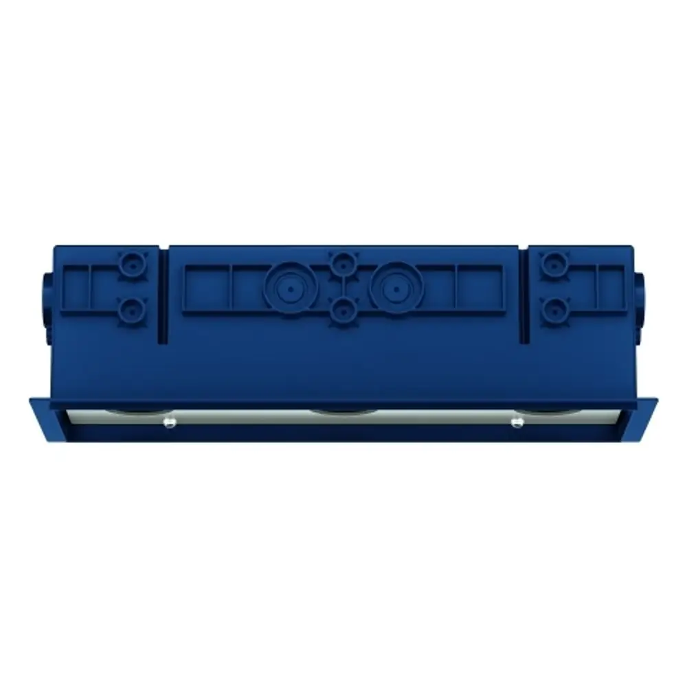 GROHE Rohbau-Set in Blau, mit strukturierten Oberflächen und Aussparungen. Das Produkt ist für Deckenbrausen konzipiert und zeigt verschiedene Montagemöglichkeiten.