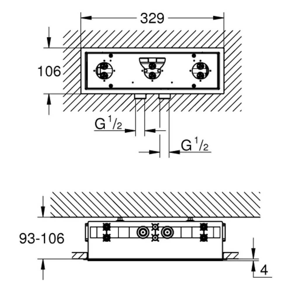 Schematische Darstellung eines Grohe Rohbau-Sets für Deckeneinbau, mit Anschlussmöglichkeiten und Abmessungen in zwei Ansichten.