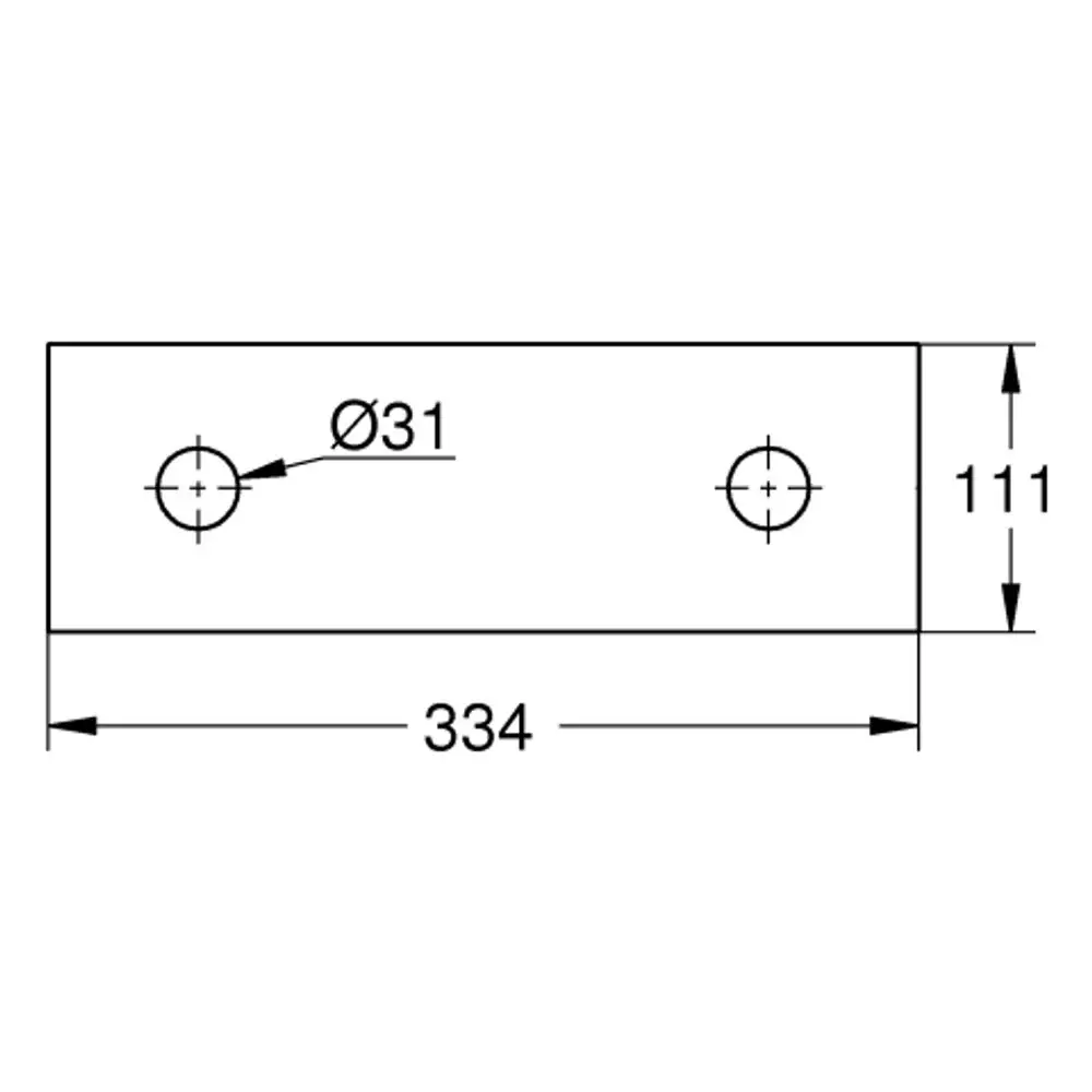 Einfache Abdeckung mit zwei Ø31-Bohrungen, geeignet für eine Deckenbrause von Grohe, Maße 334 mm x 111 mm.