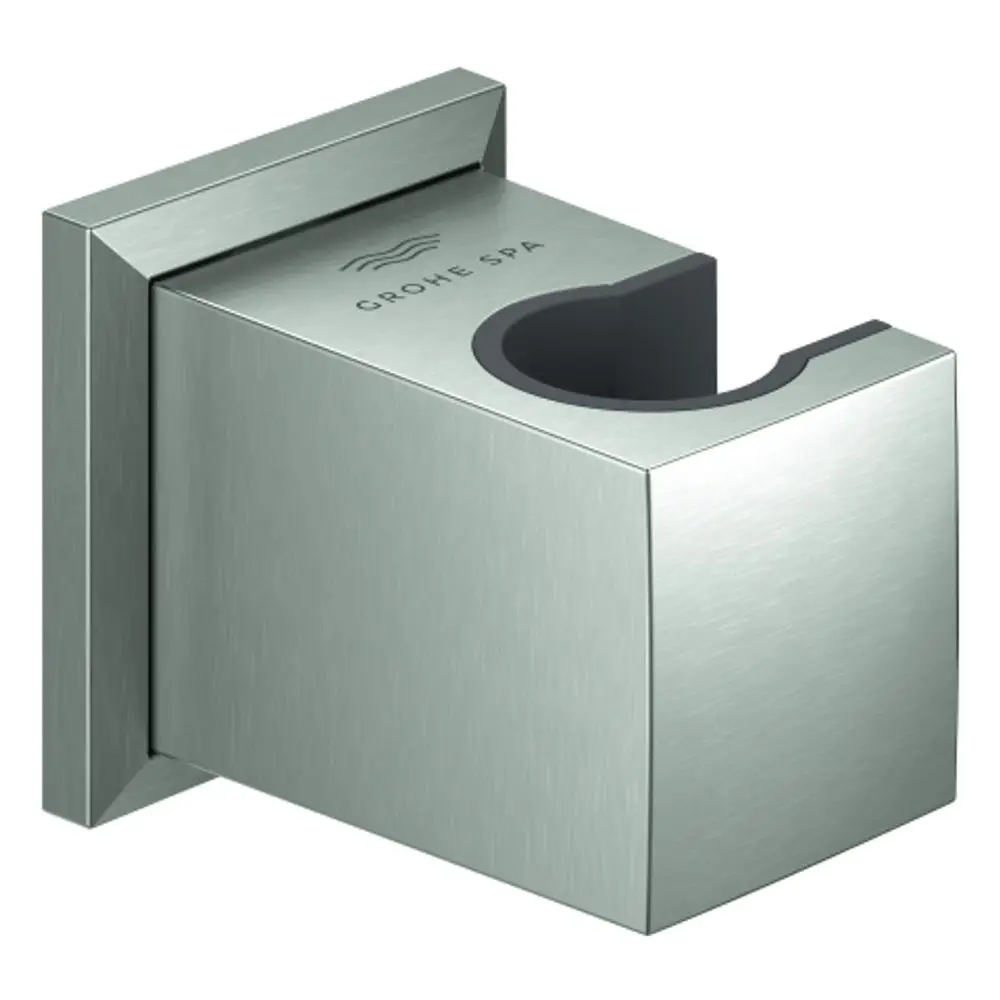 Wandhalterung aus gebürstetem Edelstahl von Grohe mit halbrunder Aussparung, geeignet für die Befestigung einer Brause.