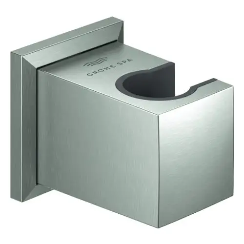 Eckiger Halter aus gebürstetem Edelstahl für Duschzubehör, mit Aussparung für die Halterung eines Duschkopfes, hochwertiges Design von Grohe.
