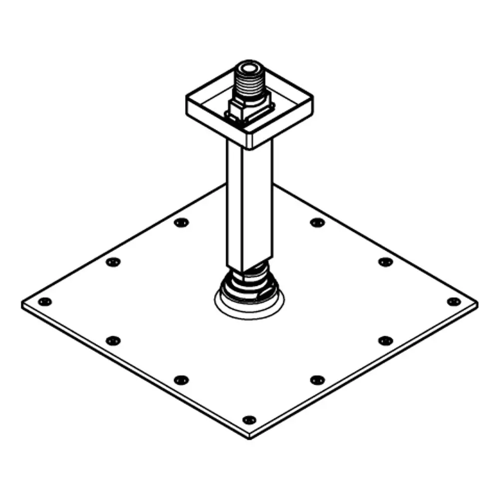 Grohe Produktzeichnung eines Kopfanschlusssets mit quadratischem Deckenauslass und mittigem Rohr. Bei der Montage sind mehrere Befestigungslöcher sichtbar.