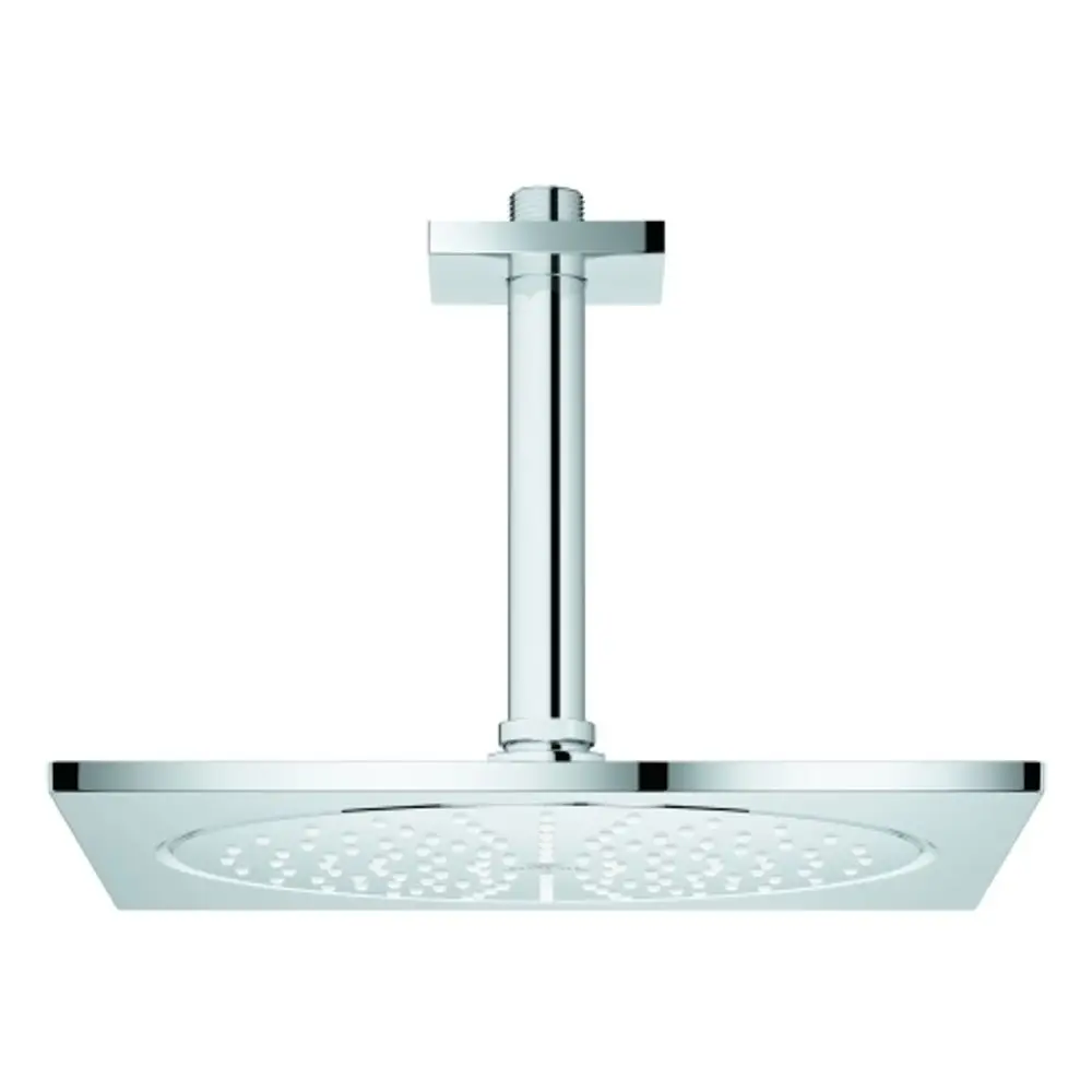 Grohe Kopfbrause mit quadratischem Design und verchromter Oberfläche, montiert an einem vertikalen Halter. Die Brause verfügt über eine zentrale Wasserauslassstelle.