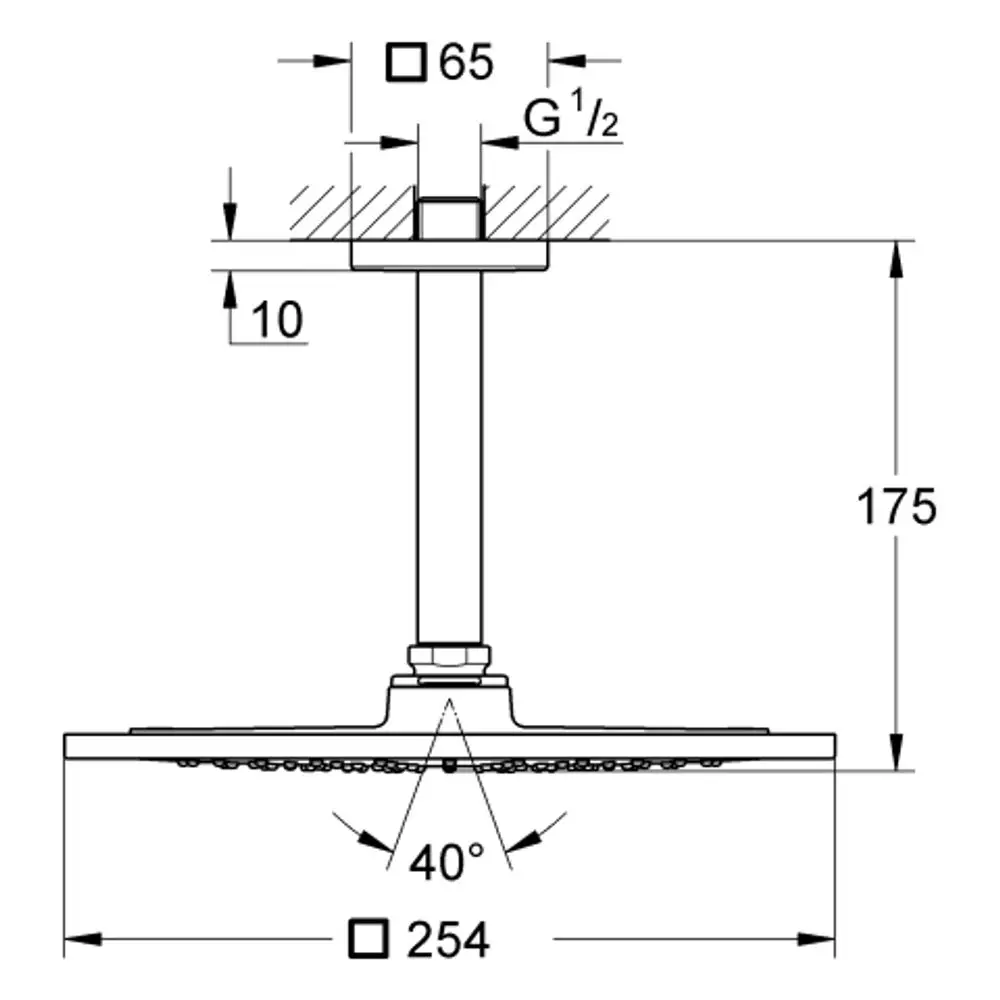 Grohe Kopfbrause mit einem quadratischen Anschluss von 65 mm und einem Durchmesser von 254 mm. Die Höhe beträgt 175 mm, mit einem 40° Auslasswinkel und einem Wasserfluss von 9,5 l/min.