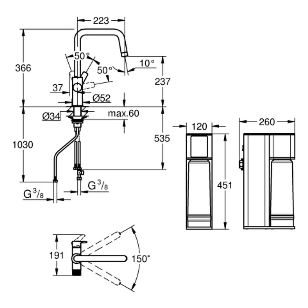 GROHE Wasserhahn mit flexibler Auslaufachse, Montageskizze mit Maßangaben und Drehbereich für die Bedienung, ein funktionales Element für moderne Küchen.