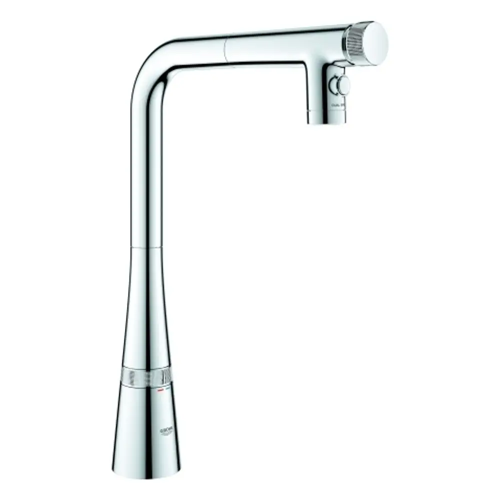 Küchenarmatur mit einem hochgebogenen Auslauf und einem Bedienknopf. Die Oberfläche ist verchromt, und das Design ist modern. Hersteller ist Grohe.