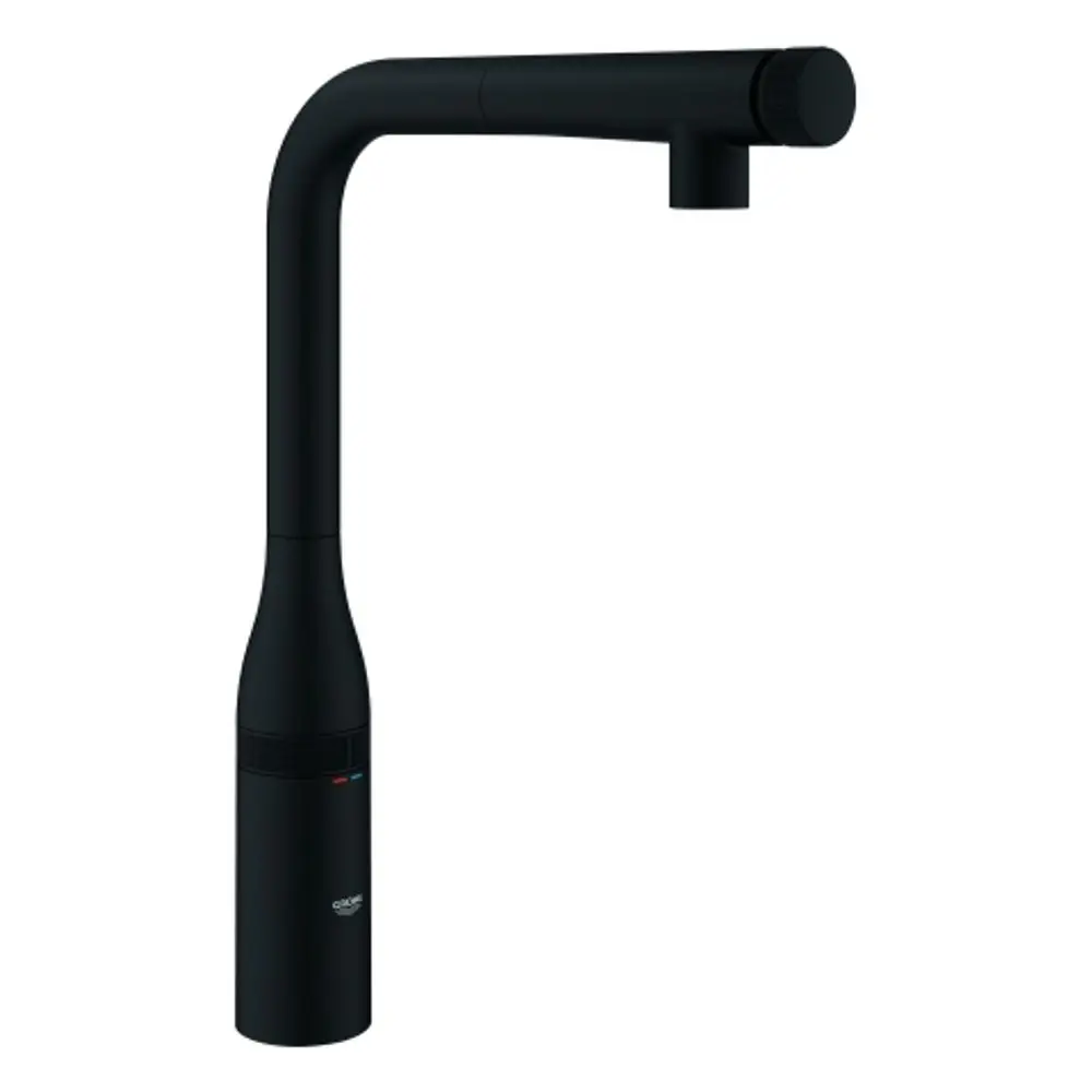 Schwarzer Grohe Wasserhahn mit schmalem, nach oben gebogenem Auslauf und betätigungsseitiger Steuerung für die Wassertemperatur.