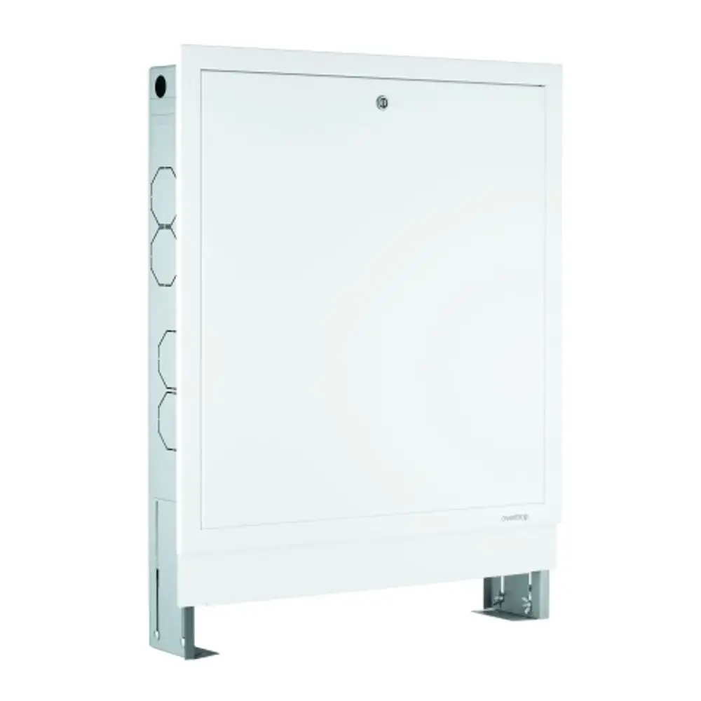 Weißes Montageelement mit einer glatten Front und seitlichen Anschlussöffnungen. Ideal zur Einbindung in Badezimmer-Installationen von Grohe.