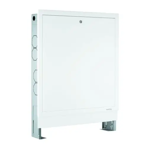 Weißes Montageelement mit einer glatten Front und seitlichen Anschlussöffnungen. Ideal zur Einbindung in Badezimmer-Installationen von Grohe.