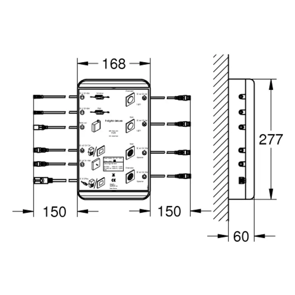 GROHE Steuerungseinheit für Licht- und Musikmodule mit mehreren Anschlussmöglichkeiten, abgebildet von vorne und der Seite, inklusive Beschriftungen und Anschlussdetails.