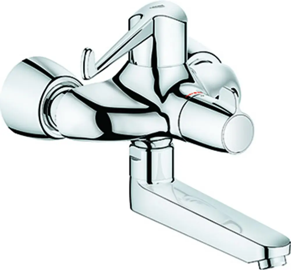 Grohe Wandmontagearmatur mit Hebelbetätigung in Chrome. Das Produkt zeigt eine moderne Bauform und eine glatte, glänzende Oberfläche.