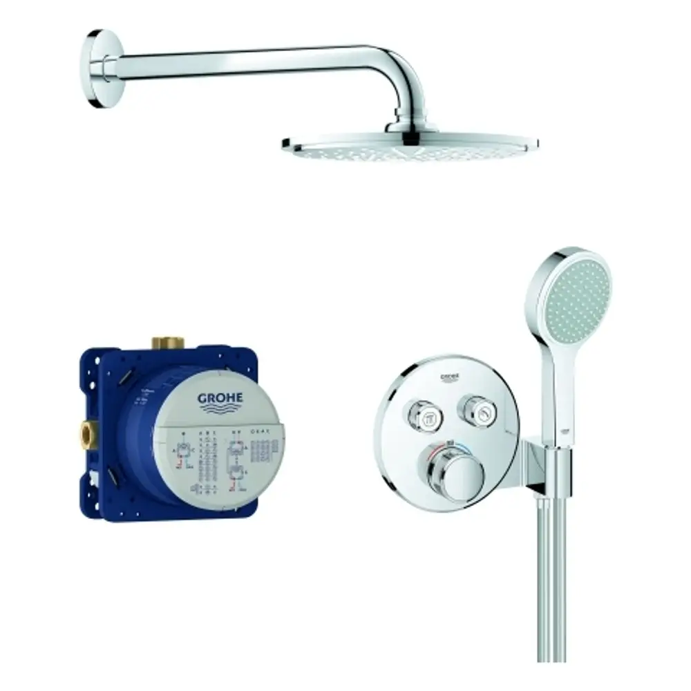 Duschsystem der Marke Grohe mit runder Regenbrause, Handbrause und Wandmontage. Verstellbarer Thermostat und Steuerungseinheit im Bild sichtbar.