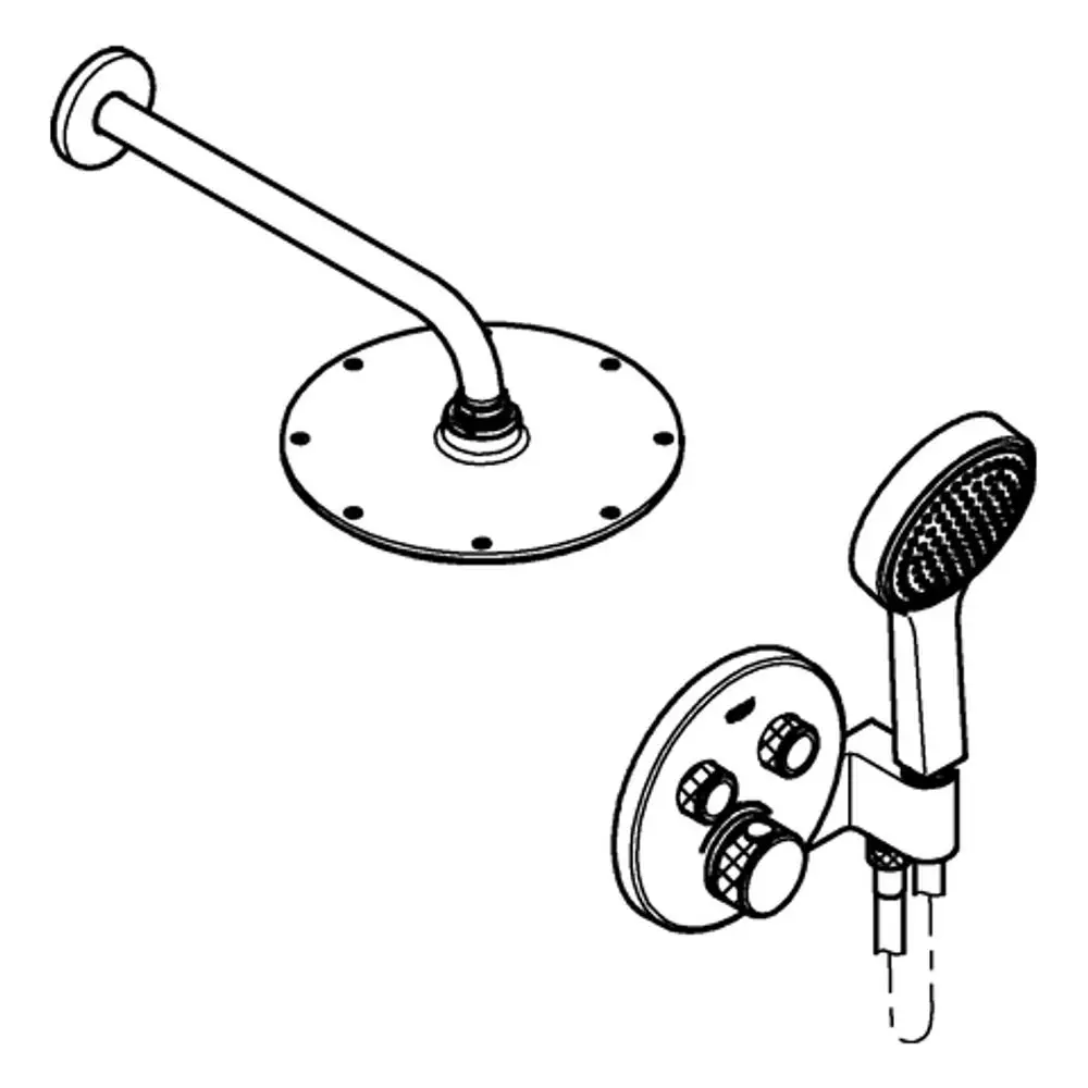 Duschsystem mit runder Wandhalterung und Handbrause von Grohe. Zwei Bedienelemente für Temperatur und Durchfluss an der Wand montiert.
