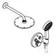 Duschsystem mit runder Wandhalterung und Handbrause von Grohe. Zwei Bedienelemente für Temperatur und Durchfluss an der Wand montiert.