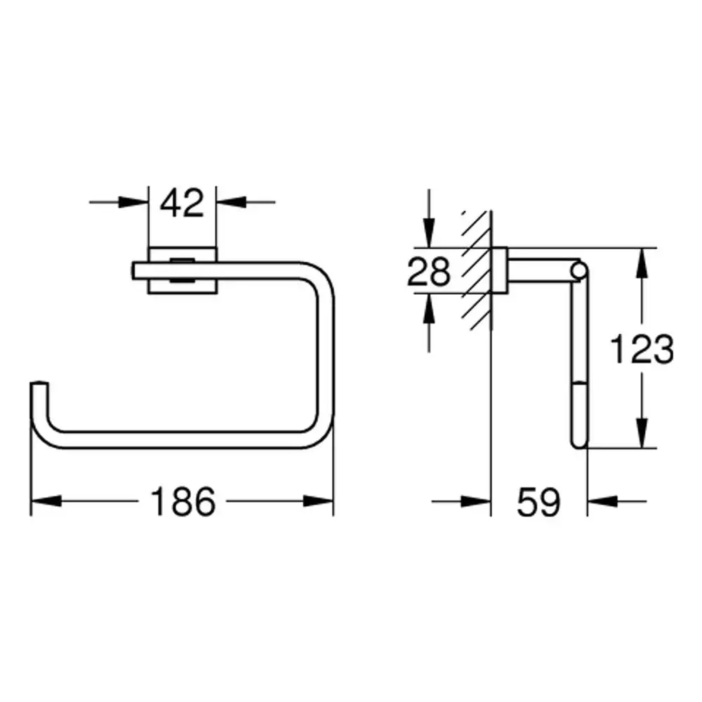 GROHE Handtuchring in metallischer Optik mit schlichter, gerader Form. Konstruktive Darstellung mit Abmessungen für die Montage.