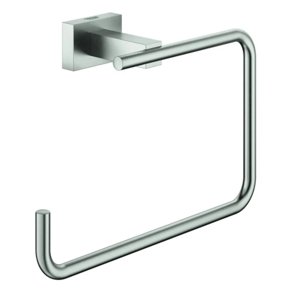 GROHE Handtuchring in rechteckiger Form, aus Metall in Supersteel-Finish, an einer quadratischen Wandhalterung montiert.