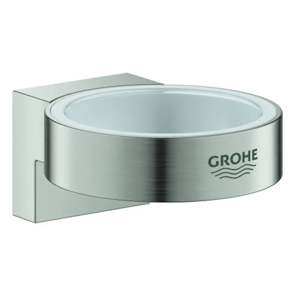 Wandhalterung aus Edelstahl für einen Glas- oder Seifenspender. Mit dem Grohe-Logo versehen, schlichtes Design, funktional für Badezimmer oder Küche.