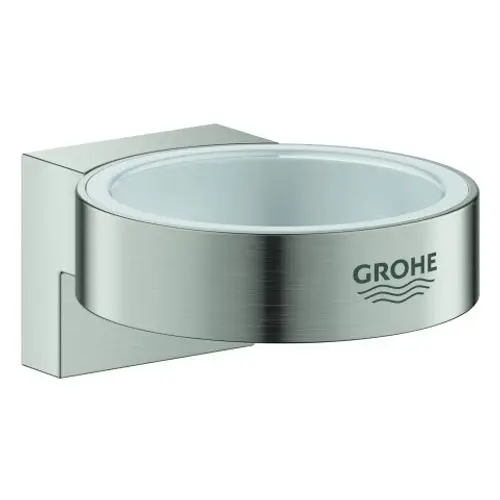 Wandhalterung aus Edelstahl für einen Glas- oder Seifenspender. Mit dem Grohe-Logo versehen, schlichtes Design, funktional für Badezimmer oder Küche.