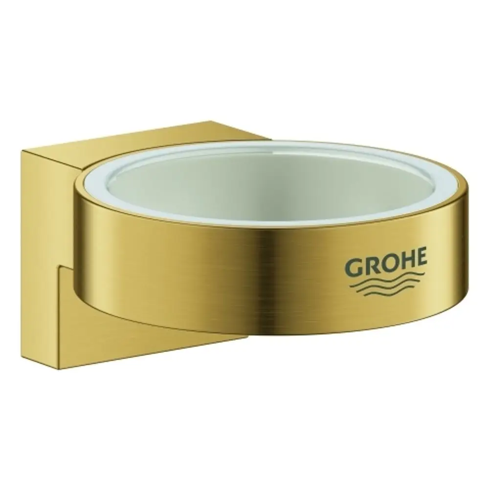 Goldfarbener Halter von Grohe für Glas oder Seifenspender, mit runder Form und quadratischer Wandmontageplatte.