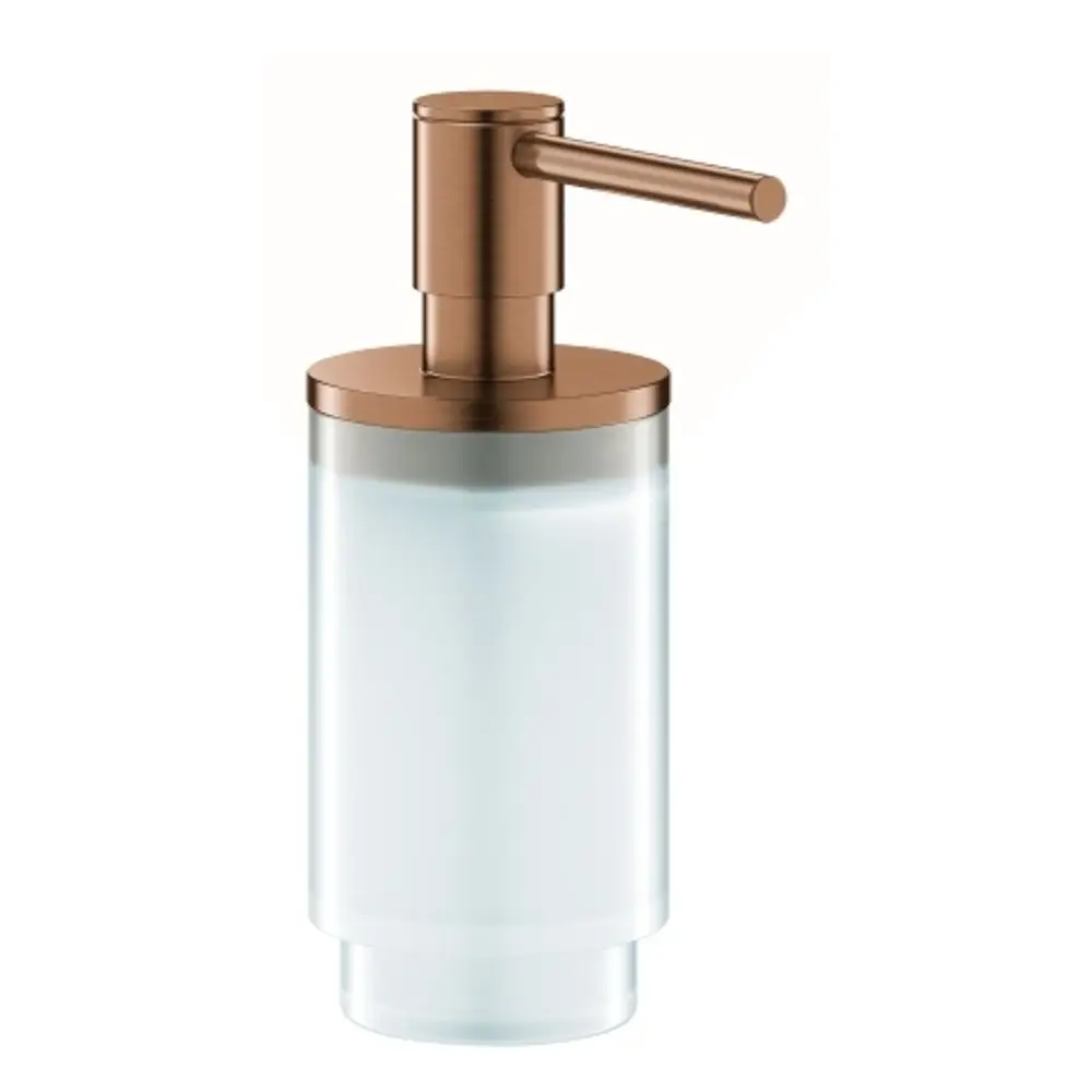 GROHE Seifenspender aus transparentem Material mit einem metallic-rostfarbenen Pumpkopf, geeignet für einen Halter.
