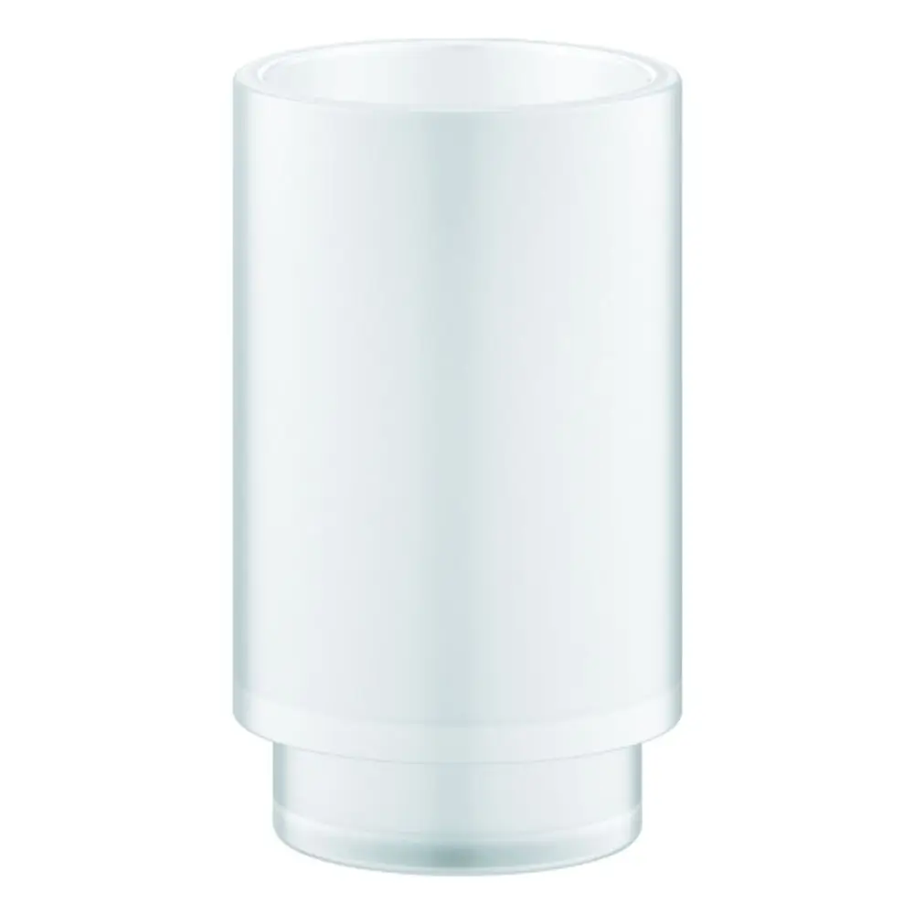 Weißes Glas von Grohe, zylindrisch geformt, für die Montage an einem Halter. Das Design ist schlicht und modern, geeignet für verschiedene Badezimmerumgebungen.