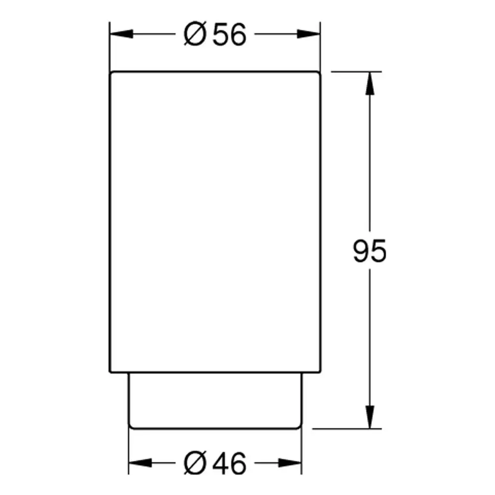 Grafische Darstellung eines zylindrischen Produkts mit unterschiedlichen Durchmessern oben und unten, beschriftet mit Maßen. Das Produkt scheint von Grohe zu stammen.