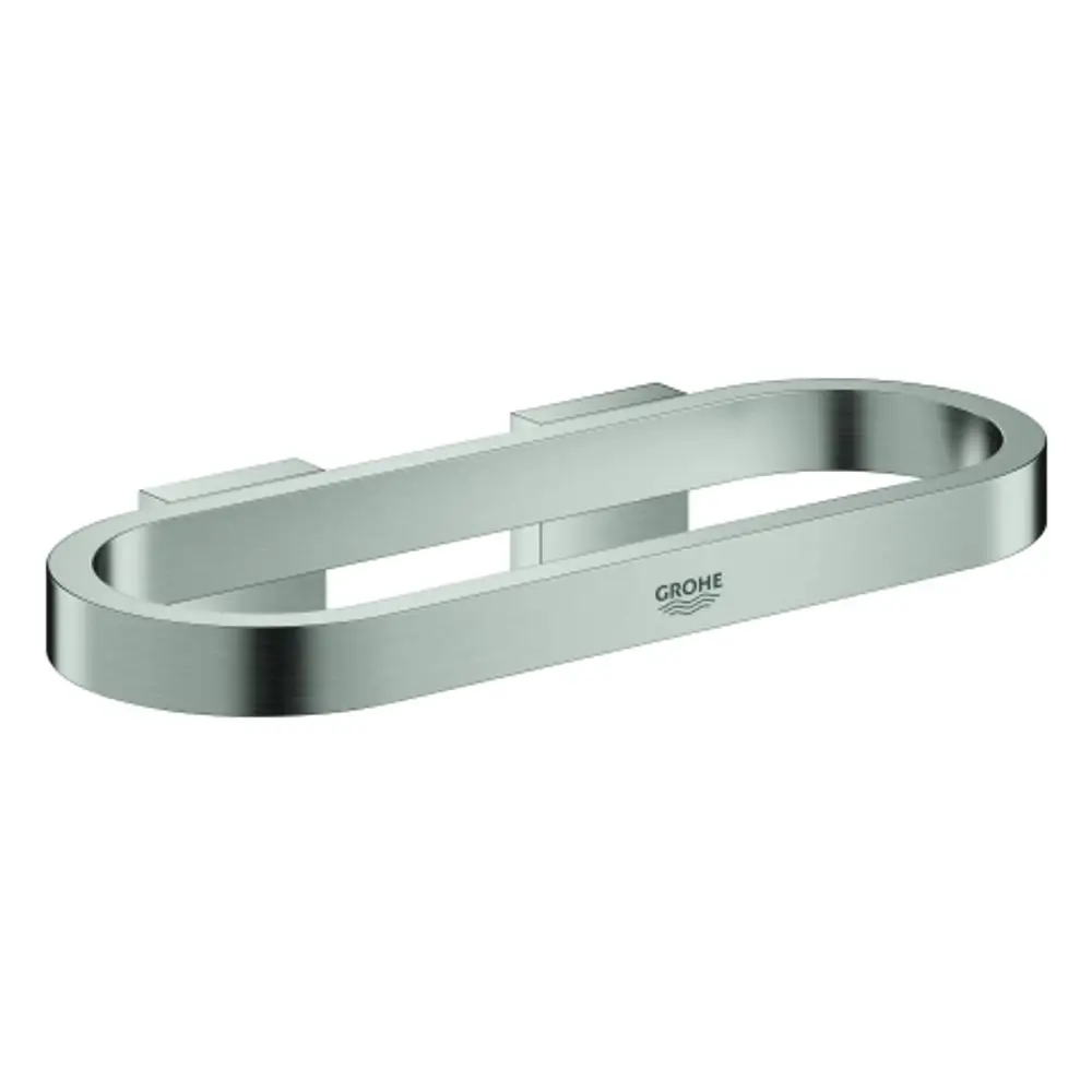 Handtuchring aus gebürstetem Edelstahl mit ovaler Form, montiert an zwei stylischen Halterungen. Sieht modern aus und ist von der Marke Grohe.