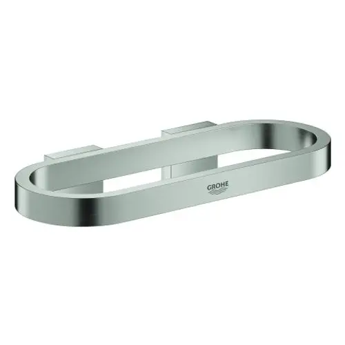 Handtuchring aus gebürstetem Edelstahl mit ovaler Form, montiert an zwei stylischen Halterungen. Sieht modern aus und ist von der Marke Grohe.