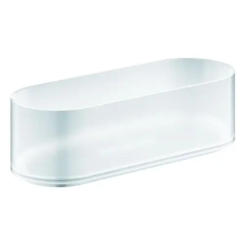 Transparente Duschablage von Grohe mit ovaler Form. Sie ist für die Montage an einem Halter vorgesehen und bietet eine glatte Oberfläche.