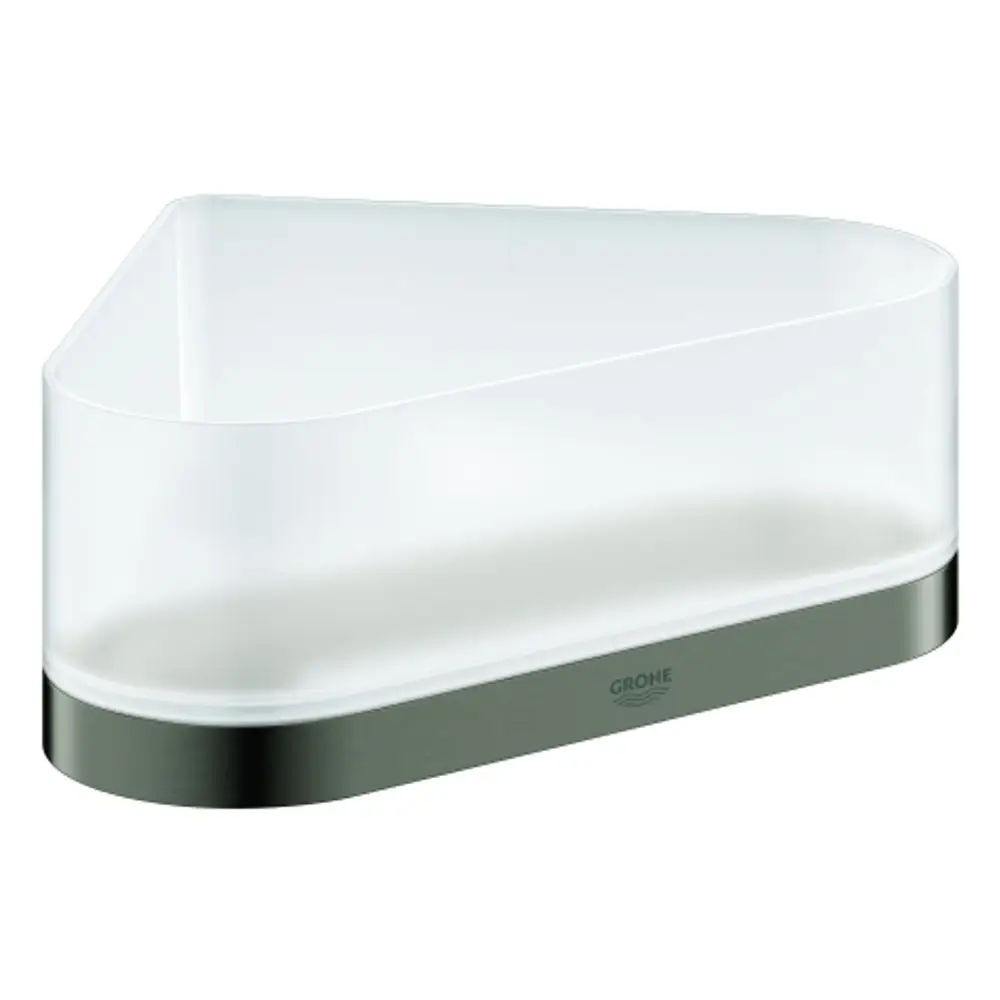 Transparente Duschablage mit gebogener Form und einer Halterung aus mattgrauem Material, hergestellt von Grohe.