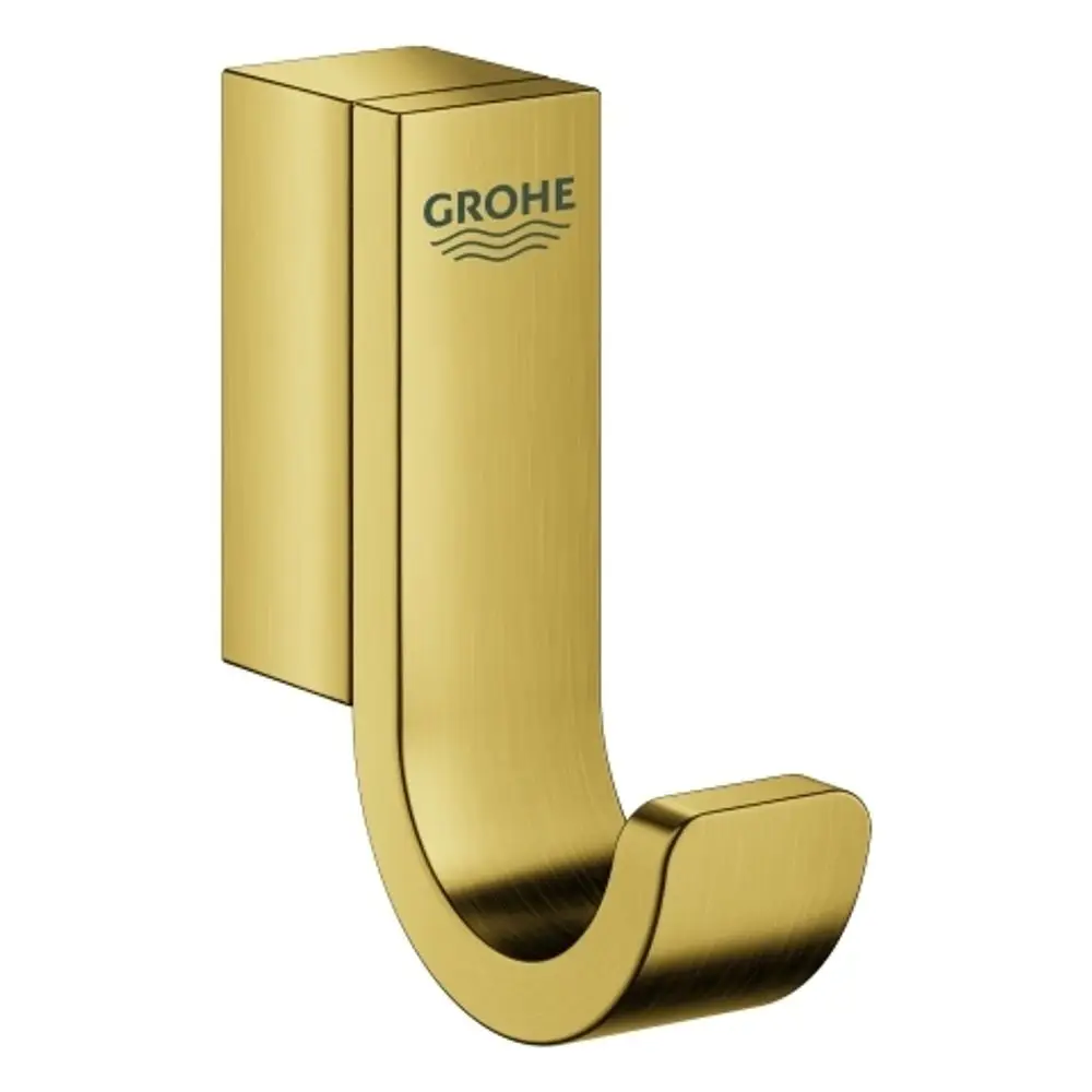 Goldfarbener Haken mit gebürsteter Oberfläche von Grohe. Er hat eine einfache, geschwungene Form und ist für die Wandmontage geeignet.