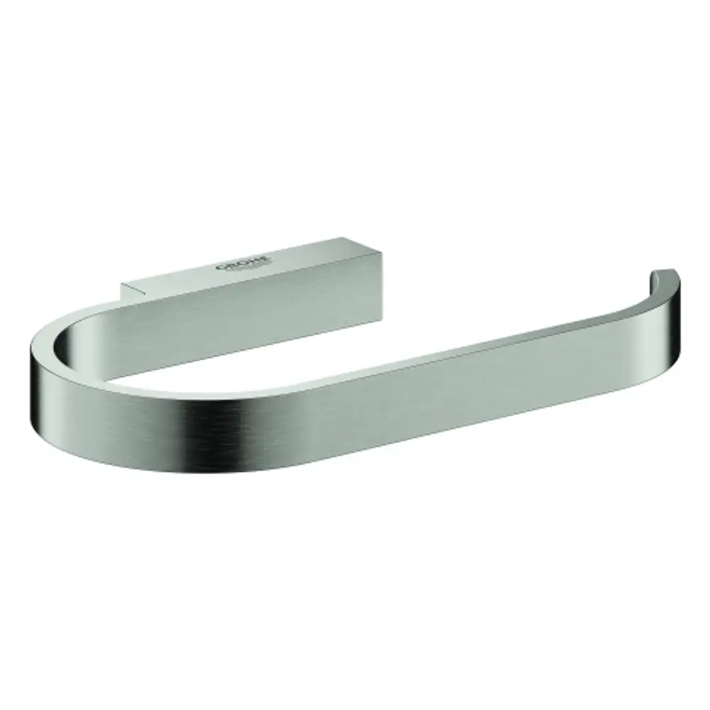 WC-Papierhalter aus Edelstahl von Grohe mit offenem Design. Der Halter hat eine gebogene Form und ist in einer matten Oberfläche gehalten.