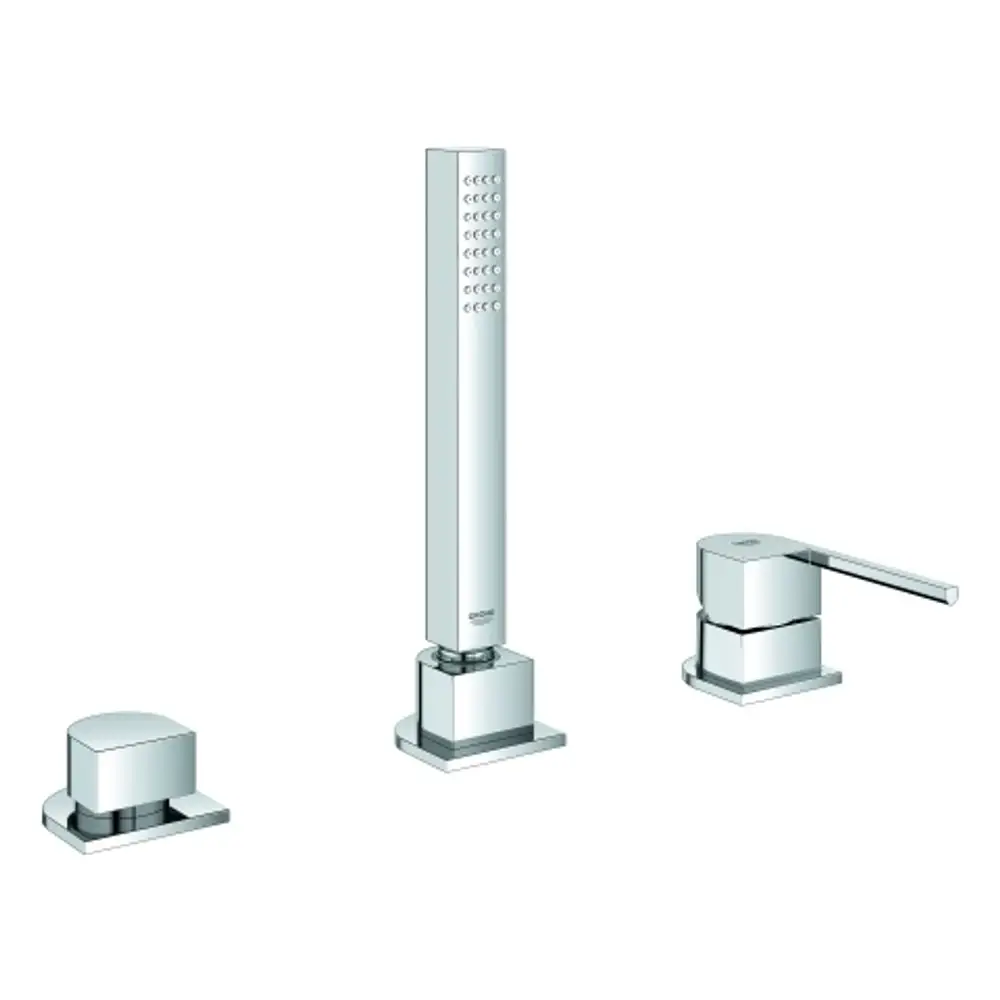 GROHE-Wannenkombination mit drei Elementen: einem hohen Wasserhahn in rechteckiger Form und zwei steuerbaren Bedienelementen. Alle Teile sind in verchromtem Finish.