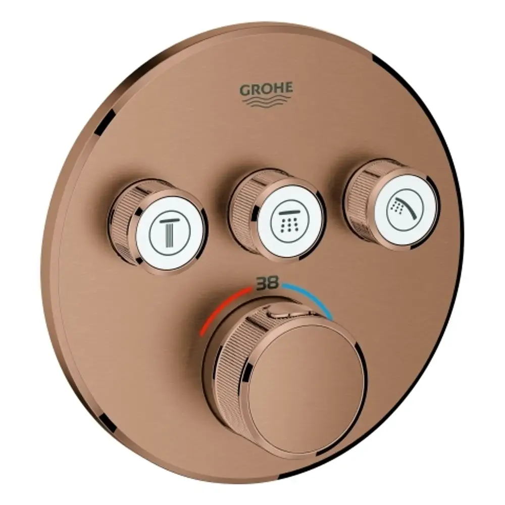 Thermostat von Grohe mit runder Oberfläche und drei Bedienknöpfen für verschiedene Wasserfunktionen sowie Temperaturanzeige in der Mitte. Farbe in einem warmen Bronzeton.