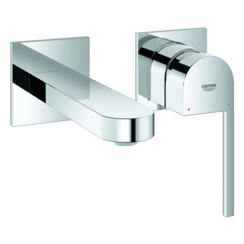 Wandmontierte Armatur von Grohe mit flachem Auslauf und einem Bedienhebel. Verchromte Oberfläche, einfache Linienführung, geeignet für moderne Badezimmer.