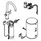 Armatur und Boiler von Grohe, bestehend aus einem Wasserhahn, einem Heizgerät mit Zuleitung und einem separaten Speicherbehälter, dargestellt in einem technischen Diagramm.